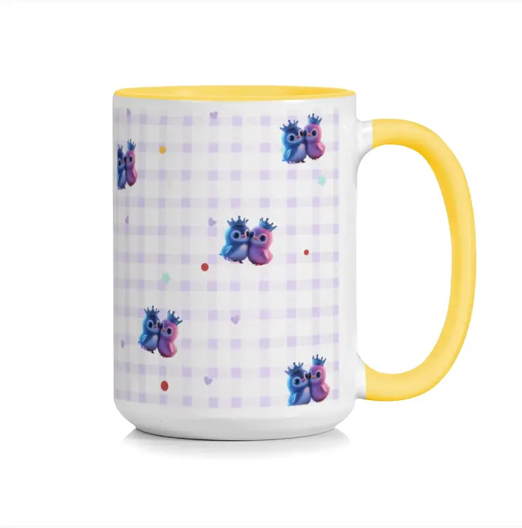 Crowned Couple Owls Purple Gingham Pattern, 583g ceramic mug