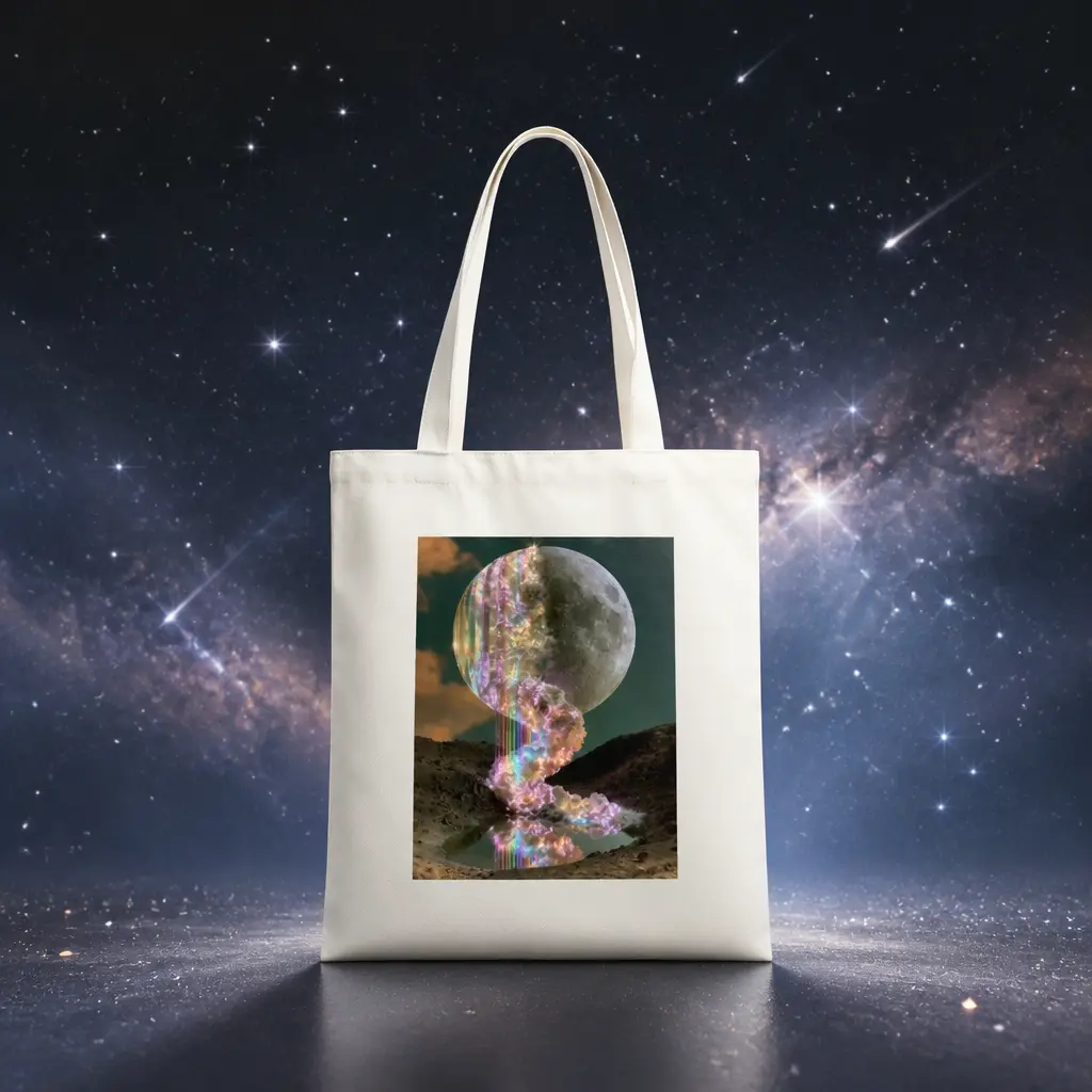 Layered Full Moon over Water, Canvas Tote Bag, 100% Cotton Eco-Friendly Shoulder Bag with Graphic Print - 15.7x13.8 In / 40x35 cm