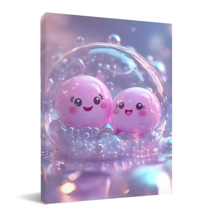Cute Twin Pink Cartoon Balls Inside Bubble Wall Art,Multi‑Size Options,Framed Canvas Ready‑to‑Hang,No Outer Frame,Wood Backing Support
