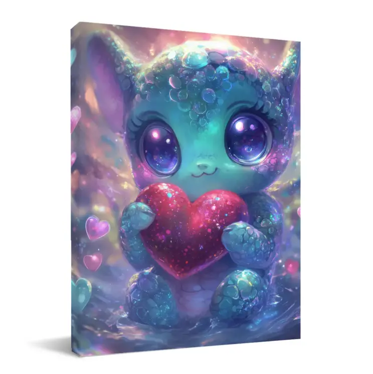 Cute Fantasy Creature Holding Glitter Red Heart Wall Art,Multi‑Size Options,Framed Canvas Ready‑to‑Hang,No Outer Frame,Wood Backing Support