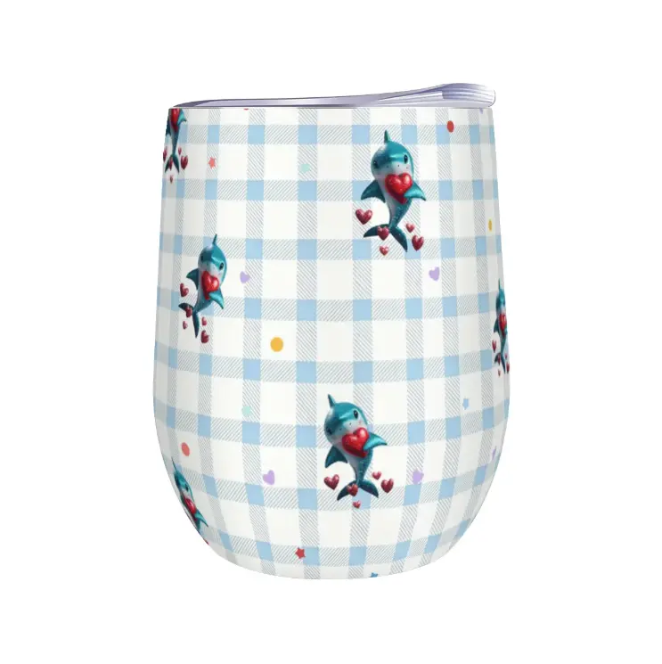 Kawaii Heart Dolphin Pattern Light Blue Plaid Background, 280g stainless steel 304 cup