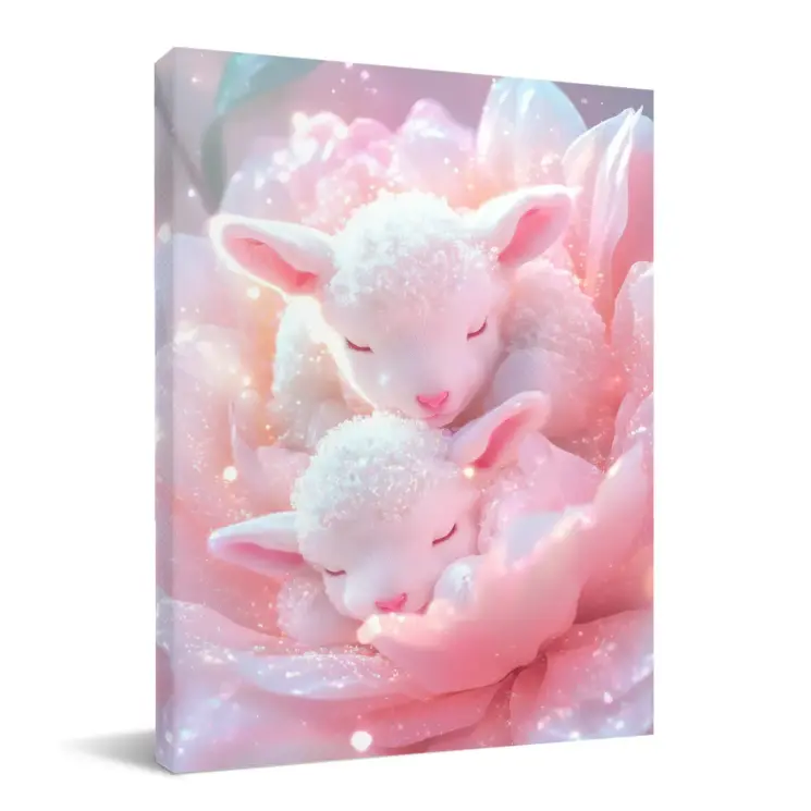 Cute Sleeping Baby Lambs in Pink Peony Flower Wall Art,Multi‑Size Options,Framed Canvas Ready‑to‑Hang,No Outer Frame,Wood Backing Support