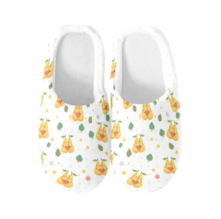 Kawaii Loving Pear Pairs Pastel Dots Foliage Print,330g Flannel Slippers Double‑Sided Print