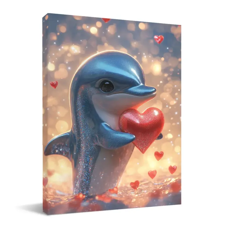 Cute Dolphin Holding Red Heart Wall Art,Multi‑Size Options,Framed Canvas Ready‑to‑Hang,No Outer Frame,Wood Backing Support