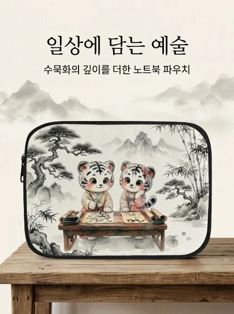 Luna & Co. 13-inch laptop pouch bag, cute baby tiger ink wash painting Hanbok oriental art illustration character waterproof case, compatible with MacBook Air Pro, iPad Pro, Galaxy Tab 12.9 13-inch tablet sleeve pouch, 3-layer cushioning shock absorption, wear-resistant, water-resistant, two-way zipper, scratch-resistant, slim, lightweight, portable inner bag for college students, office workers, new semester commuting, business trips, and travel, unisex.