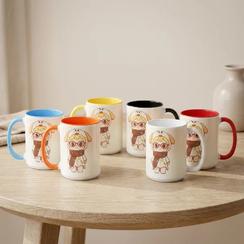 Cute Workshop 15oz Large Capacity Ceramic Coffee Mug, Adorable Dog Cosplay Anime Character Single-Sided Printed Color-Block Mug, 583g Blue Rim and Handle Water Cup, suitable for hot coffee, lattes, black tea, hot milk, and daily office desk hydration, breakfast oatmeal cup. Selected high-quality, eco-friendly, food-grade thickened ceramic material that is safe, healthy, and odorless. Features an ergonomic, anti-scald C-shaped wide handle for a comfortable and effortless grip, combined with a thickened, stable, and non-slip base for durability. A high-aesthetic, healing-style anime merchandise gift for home and office use.