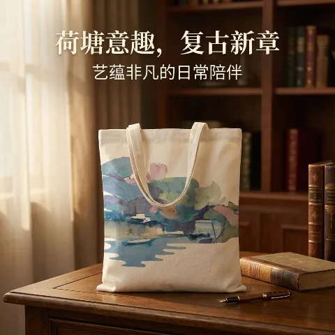 Jiangnan lotus in March, Re-pick series, linen canvas shopping bag