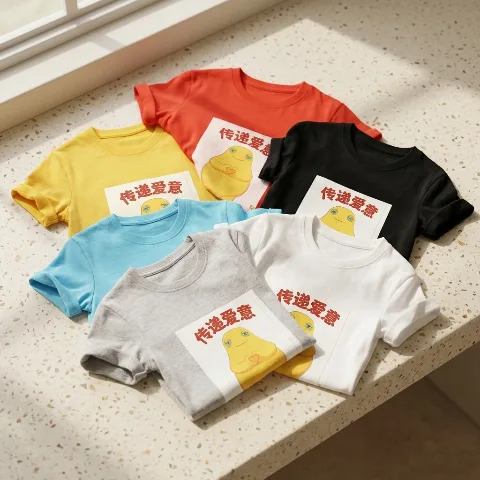JoyKidi Children's Short-Sleeve T-Shirt, 2024 New Summer Collection for Boys and Girls. Mid-to-large size toddler pure cotton crew neck cute cartoon yellow figure "spreading love" print short-sleeve top, sizes 100-150. Comfortable, dry, moisture-wicking, versatile daily thin pullover base layer. 110g lightweight, breathable combed cotton fabric, moisture-absorbing, heat-dissipating, quick-drying, non-stuffy, and hypoallergenic. Features fine stitching, reinforced neck and shoulder tape, double-needle hemming, wrinkle-resistant, anti-shrinkage, and shape-retaining craftsmanship. Skin-friendly, soft, smooth, allowing free movement, and fade-resistant after washing. Suitable for home, school, outdoor sports, travel, and leisure; available in multiple colors and sizes. Stylish and comfortable children's wear.