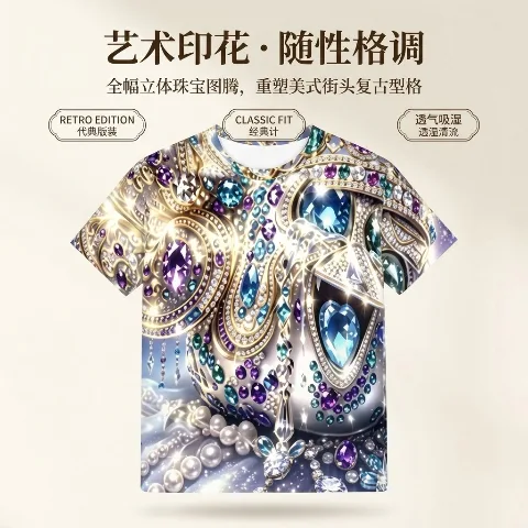 Original design, men's short-sleeve T-shirt, 3D luxury jewelry diamond all-over print crew neck top, 198g high-density polyester fiber micro-elastic breathable fabric, suitable for summer daily casual gatherings, travel, and street hip-hop fashion. Reinforced double-stitched neckline and double-fold cuffs for durability and shape retention. Moisture-wicking and quick-drying to keep you cool and dry all day. Eco-friendly high-definition digital printing that is wash-resistant and colorfast. Exquisite craftsmanship with neat, fine stitching for skin-friendly comfort. Classic and versatile base layer T-shirt, available in a wide range of sizes from S to 3XL.
